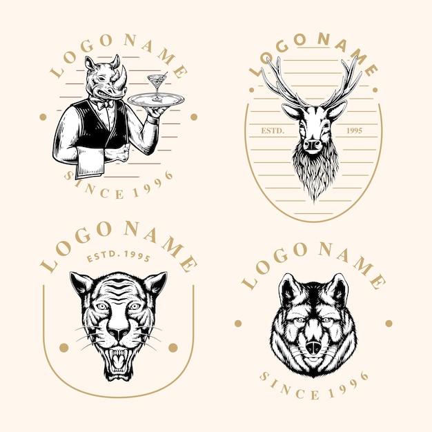 Vintage logo dieren hand getekende ontwerpset