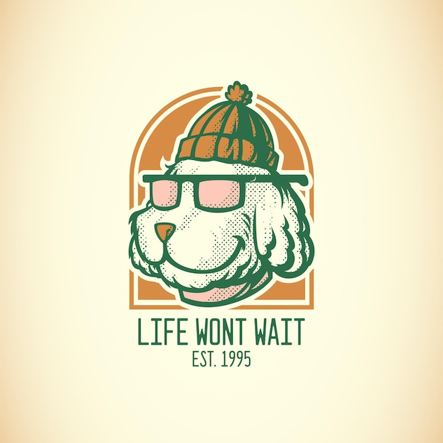 Vector vintage logo of dog wearing beanie hat and glasses