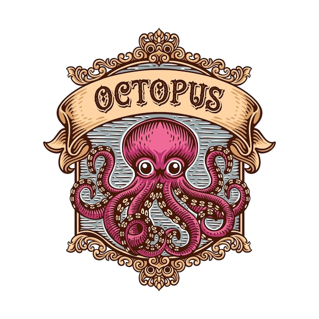 Vettore emblema del logo vintage un polpo con i suoi lunghi tentacoli su uno sfondo d'acqua e circondato da ornamenti