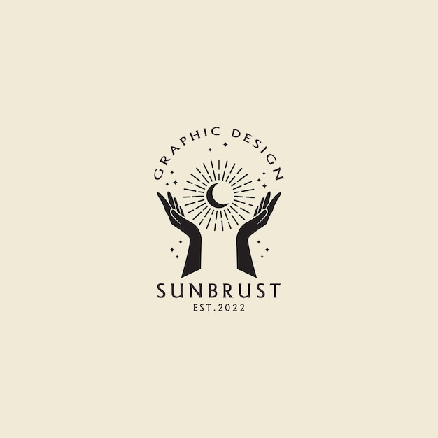 Вектор Винтажный логотип рука с изображением символа солнца
