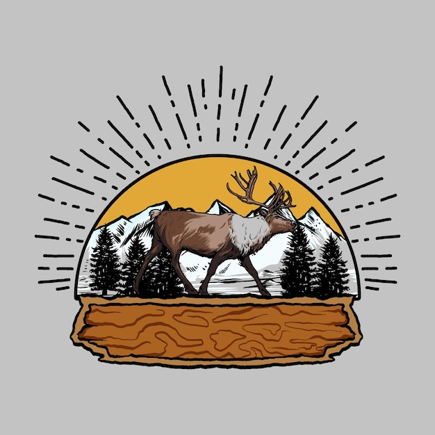 Винтажный логотип лось дикий лесной лось с рогами и рогами изолированный мультфильм векторная иллюстрация