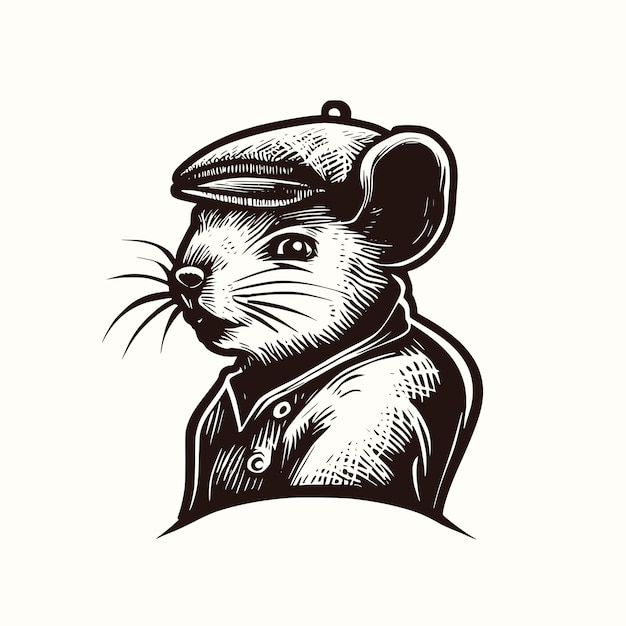 Винтажный логотип мыши в плоской кепке, олдскульный логотип детективных мышей