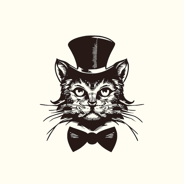 ベクトル シルクハットをかぶった猫のビンテージロゴ、マジシャン猫のオールドスクールロゴ
