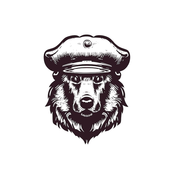 ベレー帽をかぶったジャーマンシェパードのビンテージロゴ、軍帽をかぶった犬のオールドスクールロゴ