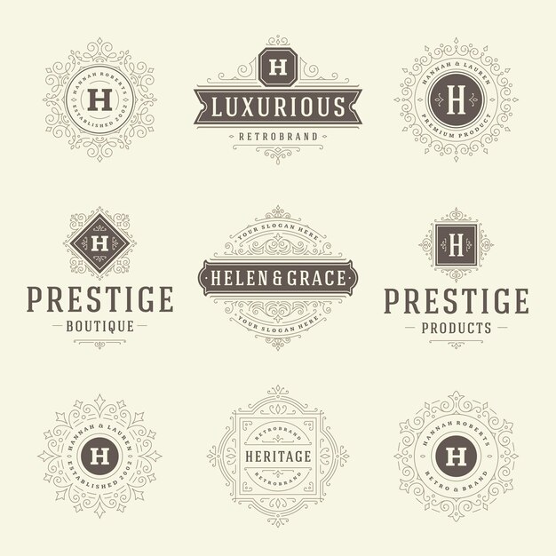 Vector vintage logo's sjablonen set vector bloeit kalligrafische elegante ornamenten frames en randen