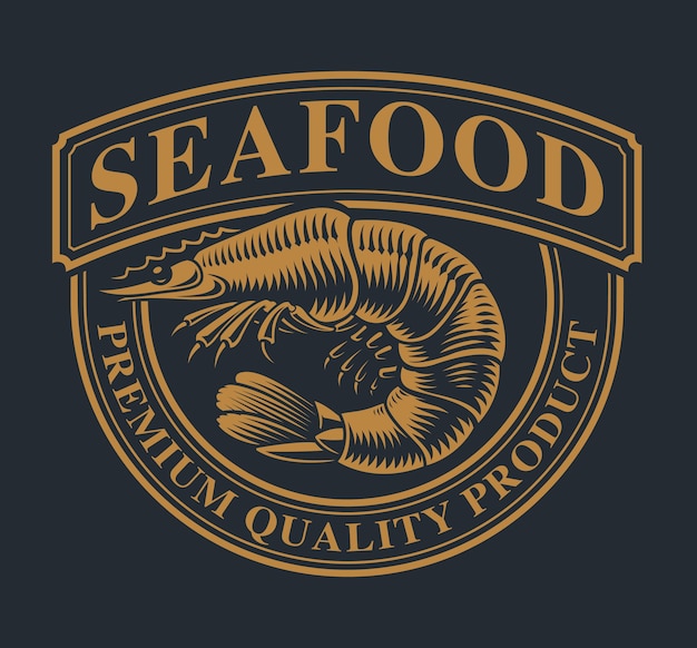 Modello di logo vintage con gamberetti per tema frutti di mare su uno sfondo scuro.