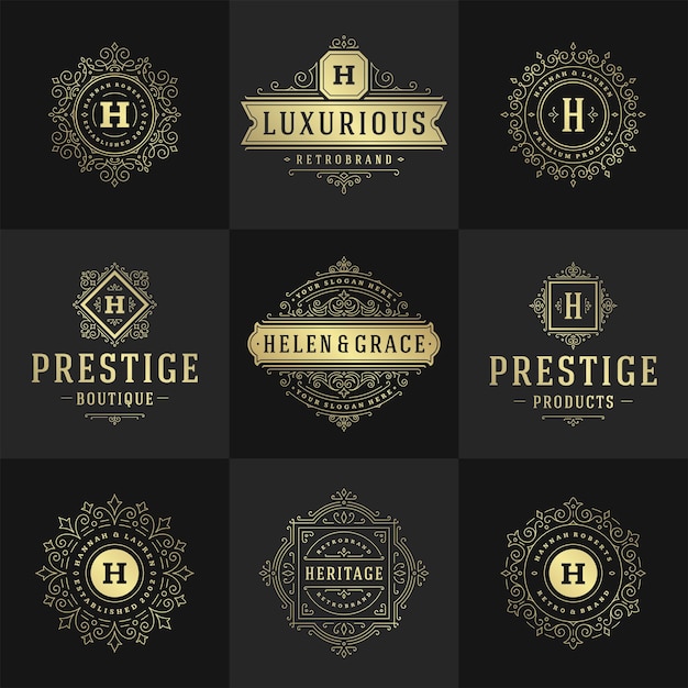 Vintage logos and monograms set elegant flourishes line art graceful ornaments victorian style template design