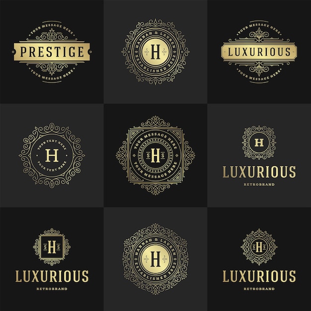 Vintage logos and monograms set elegant flourishes line art graceful ornaments victorian style vector template design. classic ornate calligraphic for luxury crest royal heraldic boutique, restaurant