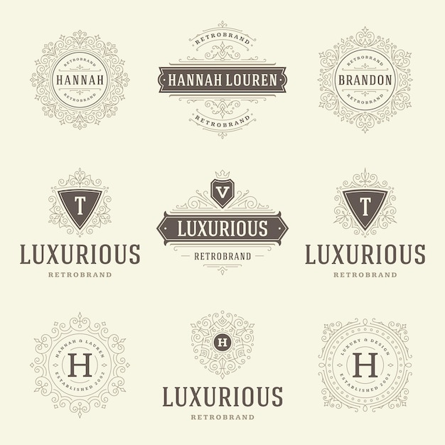 Vintage logos templates set vector flourishes calligraphic elegant ornaments frames and borders