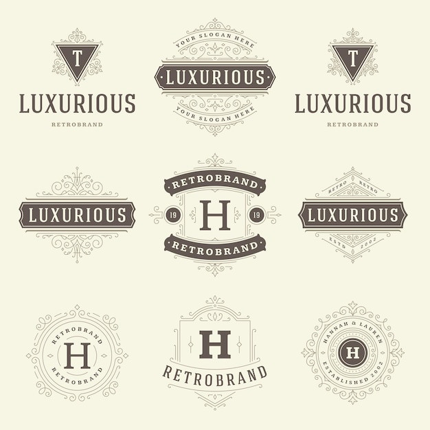 Modelli di logo vintage set vettoriali fiorenti calligrafica ornamenti eleganti cornici e bordi