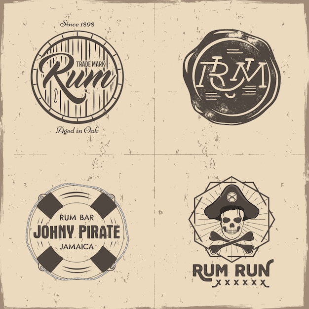 Vintage logos with rum barrel, pirate skeleton head, bones and text