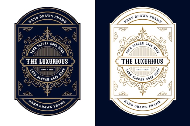 Vector vintage luxe frames logo label verpakking voor bier whisky alcohol en dranken fles etiketten