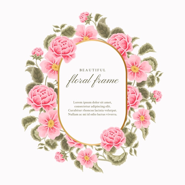 Modello di cornice floreale rosa di lusso vintage con fiori di rose e composizioni di rami di foglie