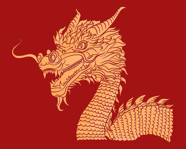 Vintage luxury poster with traditional golden hand drawn Asian dragon snake on red background