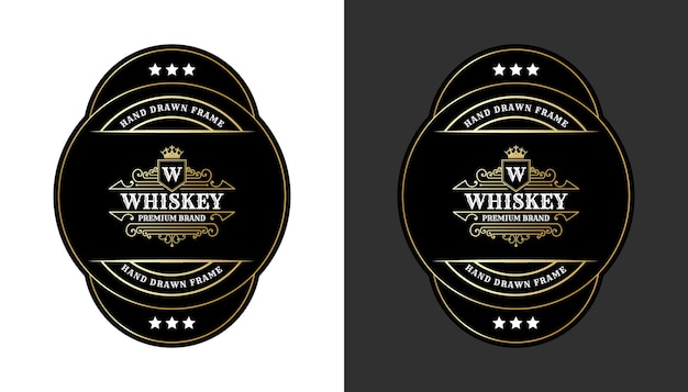 Vettore etichette vintage di lusso con cornice reale con logo per l'imballaggio di bottiglie di bevande alcoliche di whisky di birra