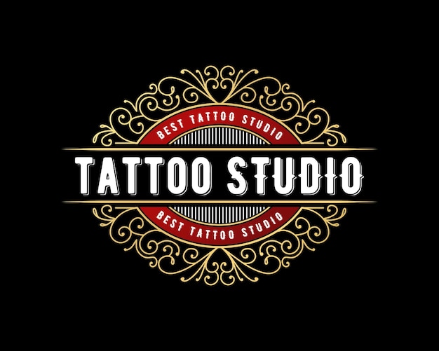 Vettore logo lettering studio tatuaggio di lusso vintage con cornice ornamentale decorativa