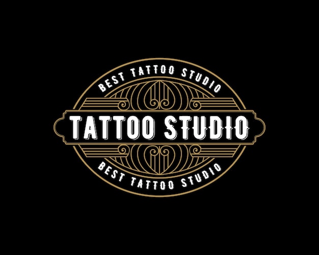 Vintage luxury tattoo studio lettering logo with decorative ornamental frame