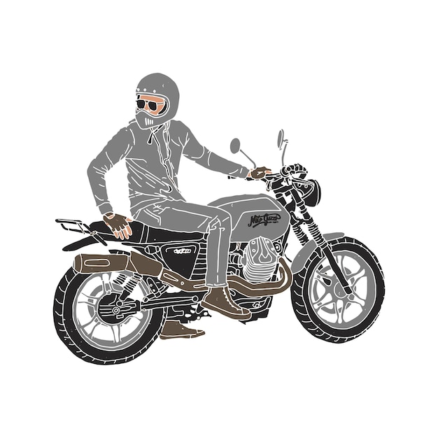 Vintage man riding Cafe Racer Motorcycle Illustration Set