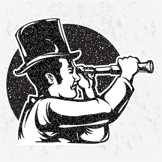 Vector vintage man using binocular to searching long distance objects