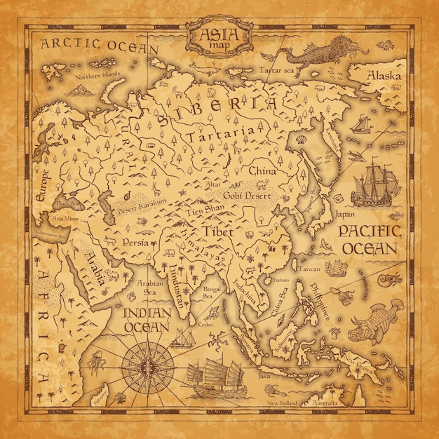 Vector vintage map of asia vector ancient parchment