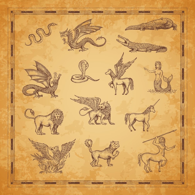 Vector vintage map characters of unicorn dragon pegasus