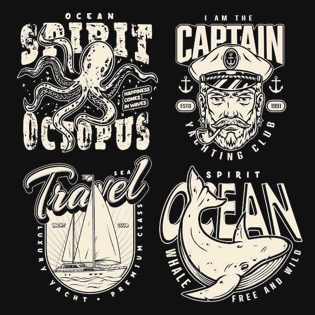 Vector vintage marine emblems with whale and octopus ship and sea captain in monochrome emblem for tshirts