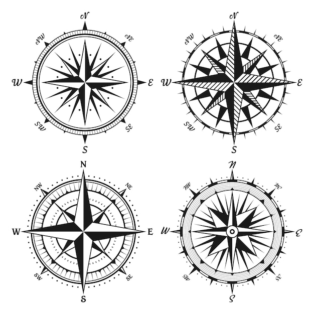 Vintage marine wind rose nautical chart monochrome navigational compass with cardinal directions of