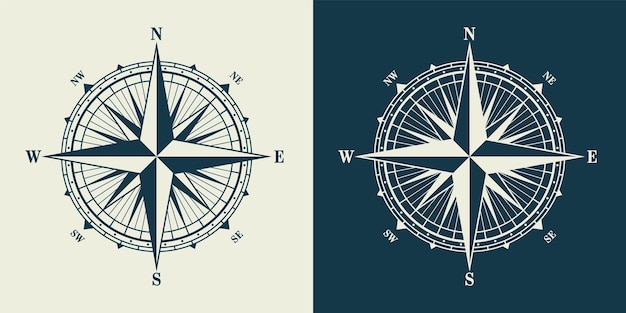 Vintage marine windroos nautische kaart monochrome navigatie kompas met kardinaal richtingen van noord-oosten zuid-west geografische positie cartografie en navigatie vector illustratie