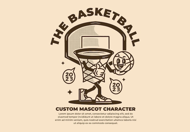Vintage mascot character design of basket holding a ball