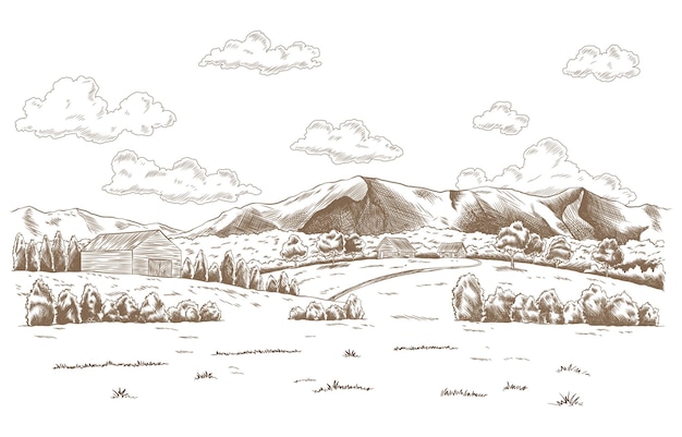 vintage meadow with high mountains and clouds hand drawn farm land vector illustration rural landscape village vintage sketch