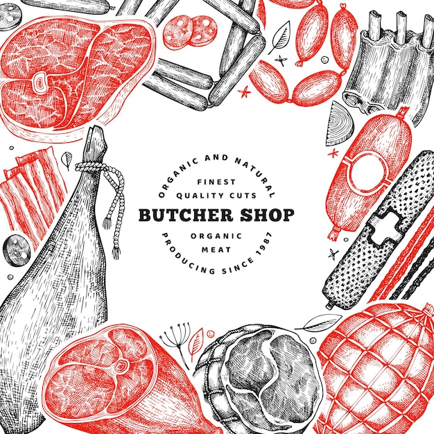 Vintage meat products design template.  Retro illustration.