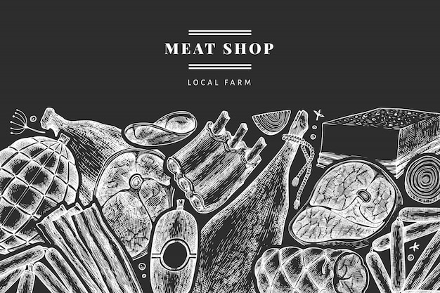 Vintage  meat products  . hand drawn ham, sausages, jamon, spices and herbs. retro illustration on chalk board. can be use for restaurant menu.