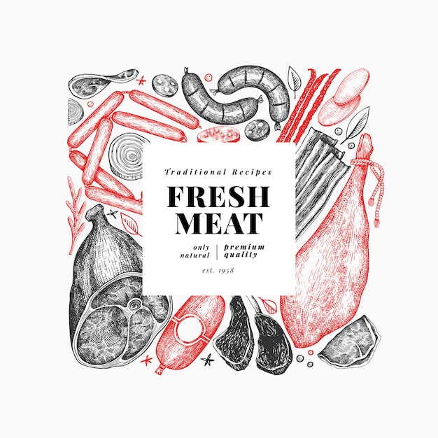Vector vintage meat products template.