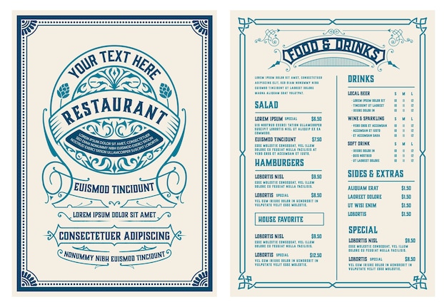 Vintage menu met klassieke en premium ornamenten