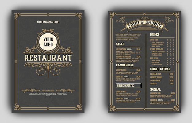 Menu vintage con ornamenti classici e premium