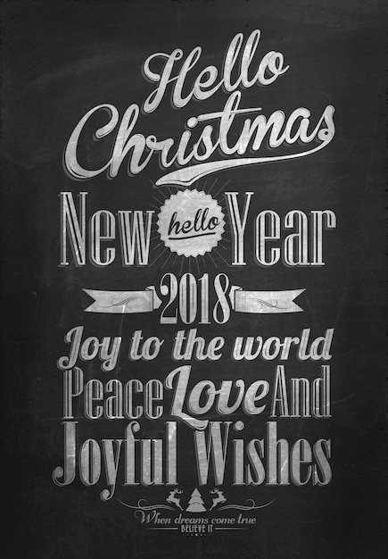 Vector vintage merry christmas and happy new year calligraphic and typographic background with chalk word art on blackboard