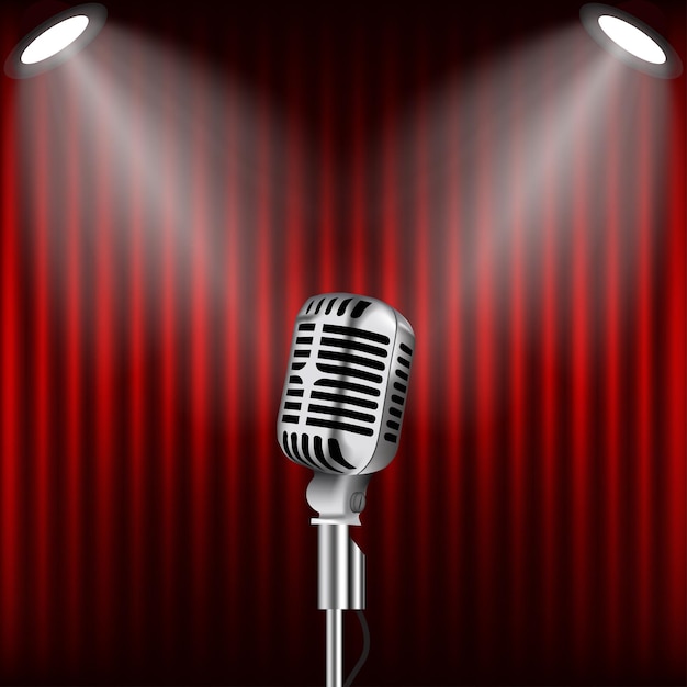 Vettore microfono da studio vintage in metallo isolato su sfondo rosso illustrazione vettoriale