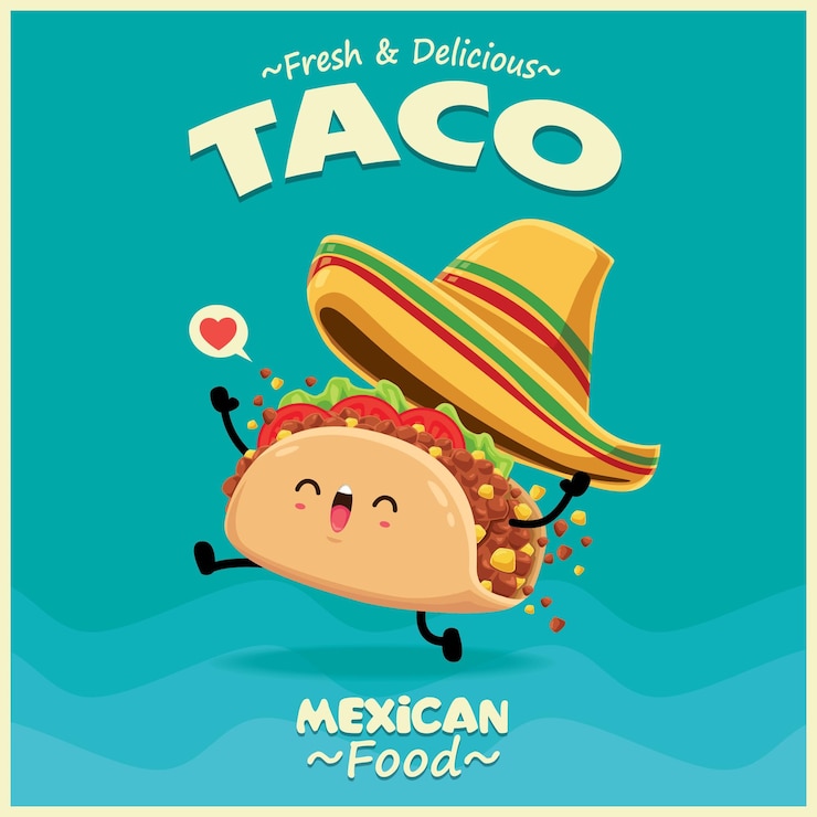 Vintage Mexican food poster design with vector taco character