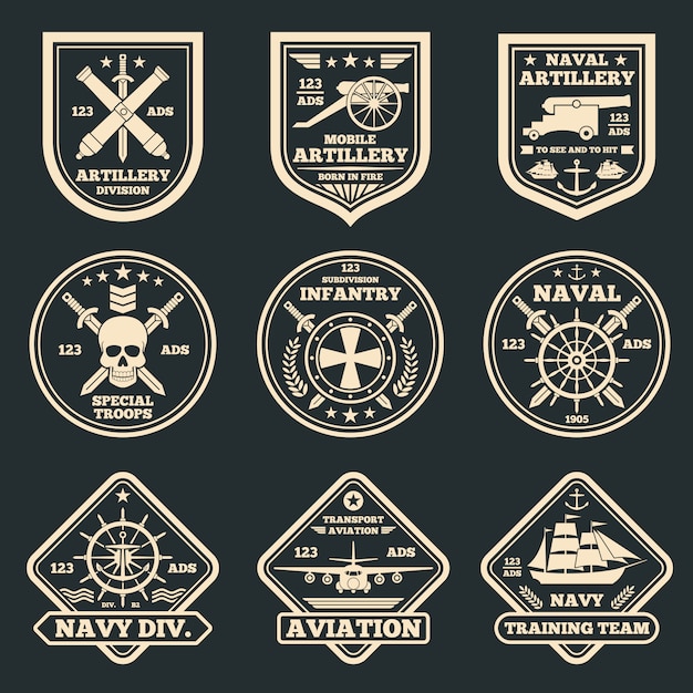 Vettore emblemi, distintivi ed etichette di vettore dell'esercito e dell'esercito d'annata