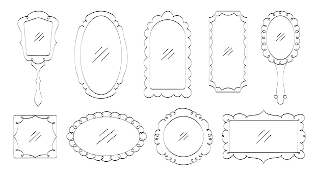 Vector vintage mirrors vector set in doodle stylr vintage image frame hand drawn mirror border