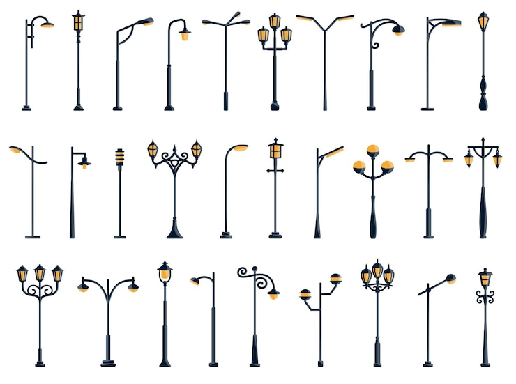 Vector vintage and modern streetlamps classic streetlights antique lanterns lights poles and outdoor lamp posts for urban streets and park lighting isolated flat vector illustrations set