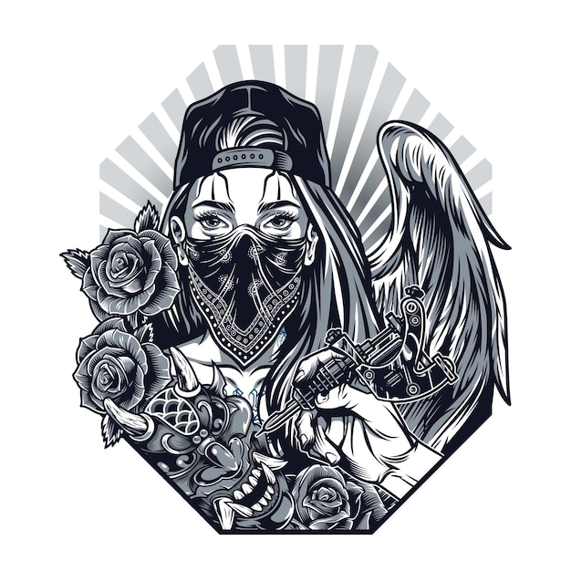 ヴィンテージモノクロチカーノタトゥーコンセプト手持ちのタトゥーマシン悪魔マスクバラの女の子野球帽とバンダナの天使の羽の顔の分離ベクトル図