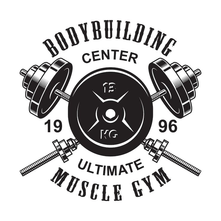 Vector vintage monochrome fitness logo  with crossed barbells and weight