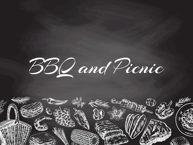 Vintage monochrome hand drawn barbecue and picnic template template with on chalkboard background