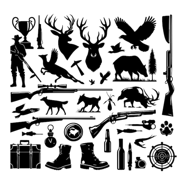 Vector vintage monochrome hunting elements set