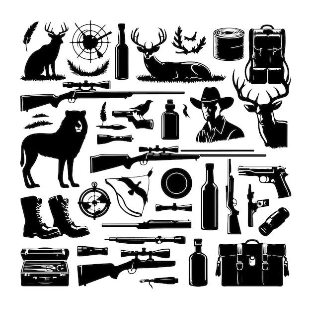 Vector vintage monochrome hunting elements set