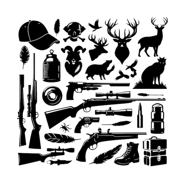 Vector vintage monochrome hunting elements set