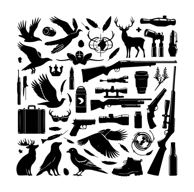 Vector vintage monochrome hunting elements set