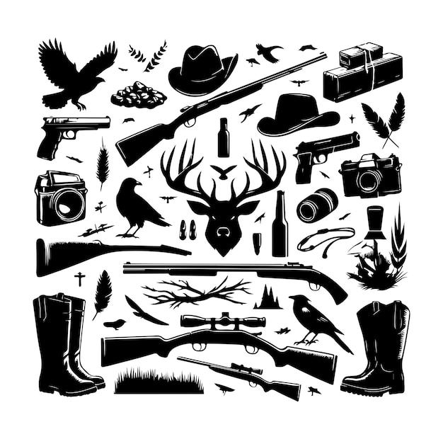 Vector vintage monochrome hunting elements set