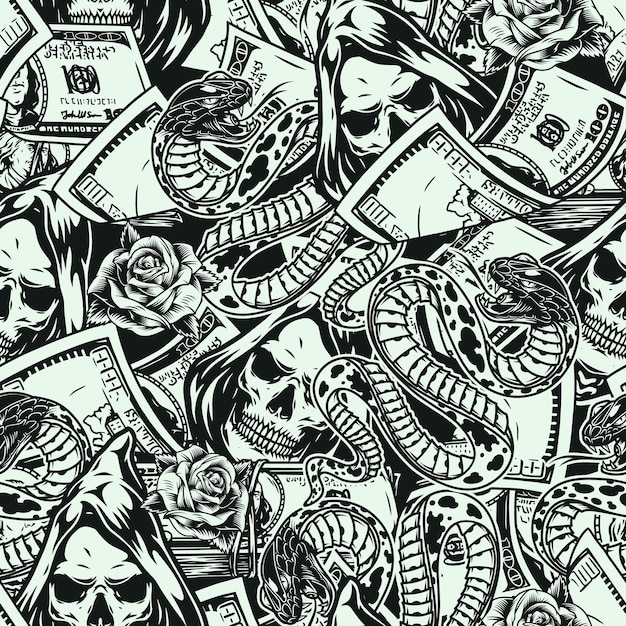 Vector vintage monochrome money seamless pattern